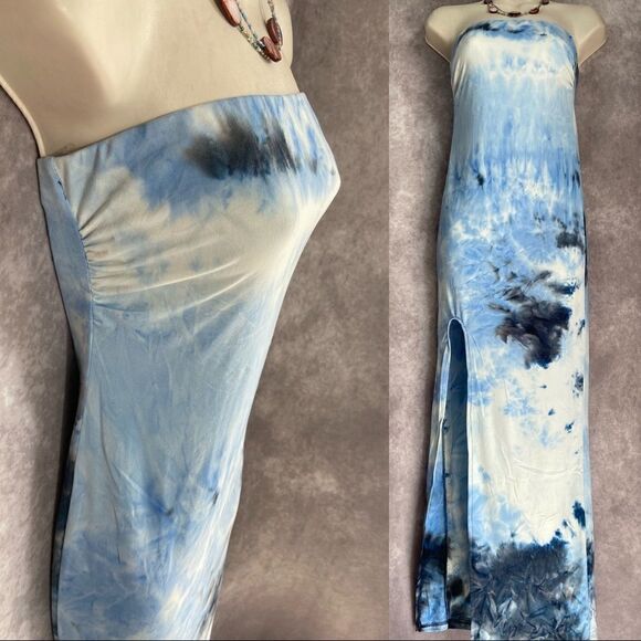 Only 1 Large Left! Blue Tie Dye Strapless Maxi Dress - Picture 5 of 9